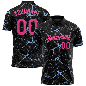 Custom Black Pink-Light Blue 3D Pattern Abstract Network Crackle Performance Polo Shirt