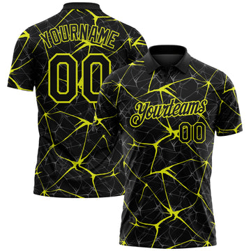 Custom Black-Neon Yellow 3D Pattern Abstract Network Crackle Performance Polo Shirt