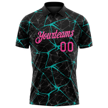Custom Black Pink-Aqua 3D Pattern Abstract Network Crackle Performance Polo Shirt