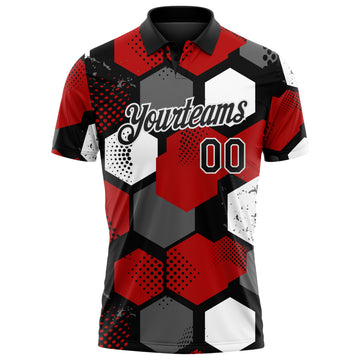 Custom Red Black Gray-White Modern Geometric Tech Hexagon Grid Performance Polo Shirt