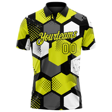 Custom Neon Yellow Black Gray-White Modern Geometric Tech Hexagon Grid Performance Polo Shirt