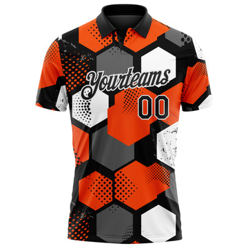 Custom Orange Black Gray-White Modern Geometric Tech Hexagon Grid Performance Polo Shirt