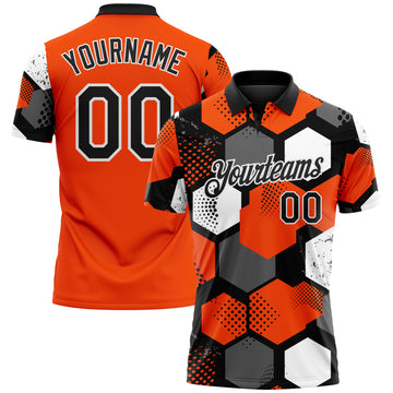 Custom Orange Black Gray-White Modern Geometric Tech Hexagon Grid Performance Polo Shirt
