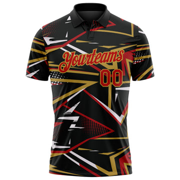Custom Black Red-Old Gold Dynamic Geometric Shard Performance Polo Shirt