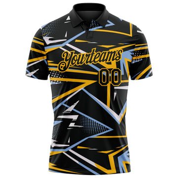 Custom Black Light Blue-Gold Dynamic Geometric Shard Performance Polo Shirt