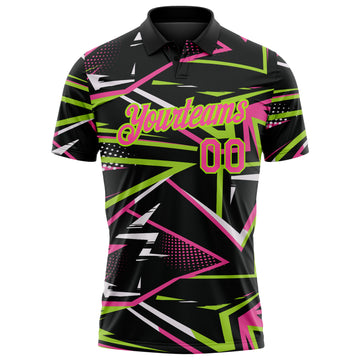 Custom Black Pink-Neon Green Dynamic Geometric Shard Performance Polo Shirt