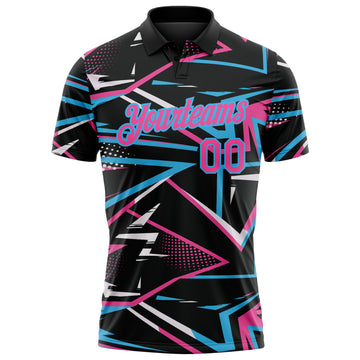 Custom Black Pink-Sky Blue Dynamic Geometric Shard Performance Polo Shirt