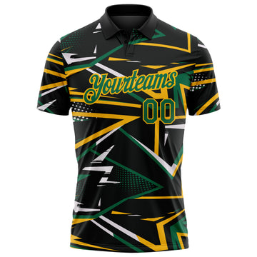 Custom Black Kelly Green-Gold Dynamic Geometric Shard Performance Polo Shirt