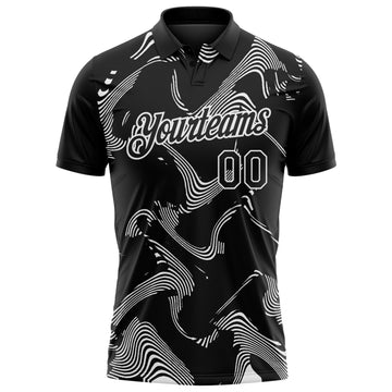 Custom Black-White 3D Pattern Abstract Fluid Swirl Line Performance Polo Shirt