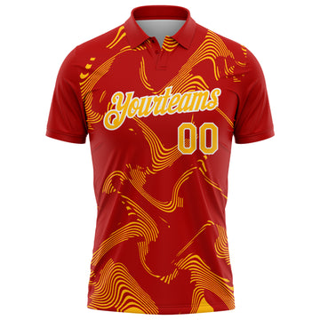 Custom Red Gold-White 3D Pattern Abstract Fluid Swirl Line Performance Polo Shirt