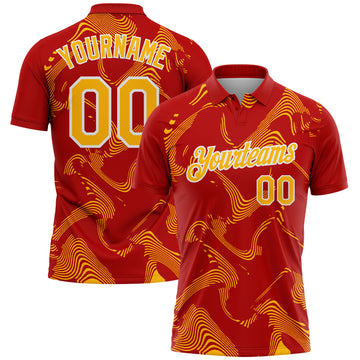 Custom Red Gold-White 3D Pattern Abstract Fluid Swirl Line Performance Polo Shirt