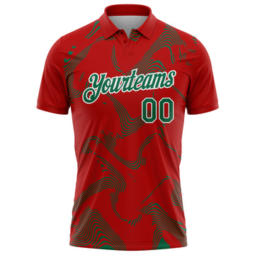Custom Red Kelly Green-White 3D Pattern Abstract Fluid Swirl Line Performance Polo Shirt