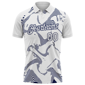 Custom White-Navy 3D Pattern Abstract Fluid Swirl Line Performance Polo Shirt