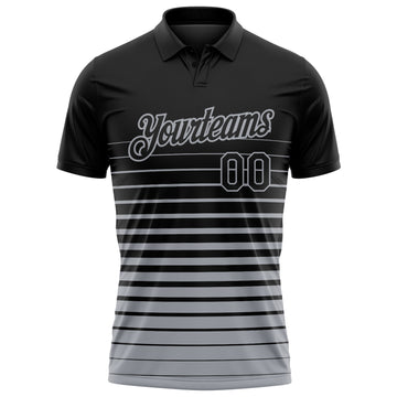 Custom Black-Gray Horizontal Gradient Stripe Performance Polo Shirt