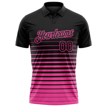 Custom Black-Pink Horizontal Gradient Stripe Performance Polo Shirt