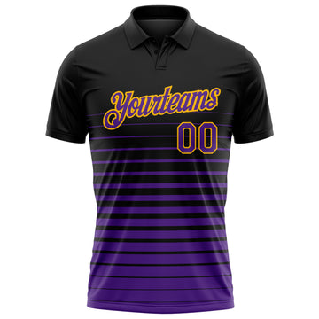 Custom Black Purple-Gold Horizontal Gradient Stripe Performance Polo Shirt