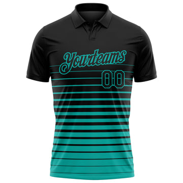 Custom Black-Aqua Horizontal Gradient Stripe Performance Polo Shirt