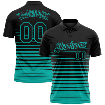 Custom Black-Aqua Horizontal Gradient Stripe Performance Polo Shirt