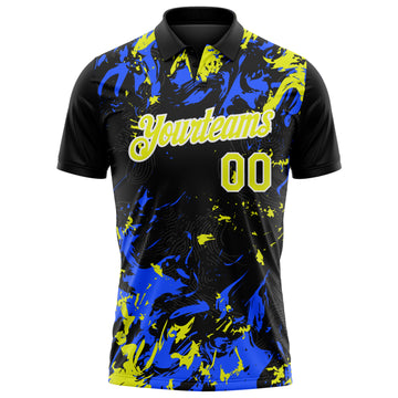 Custom Black Neon Yellow Royal-White Dynamic Splatter Brush Stroke Performance Polo Shirt