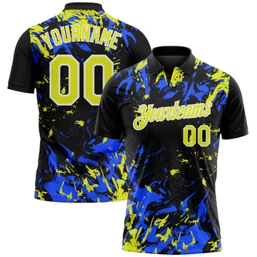 Custom Black Neon Yellow Royal-White Dynamic Splatter Brush Stroke Performance Polo Shirt