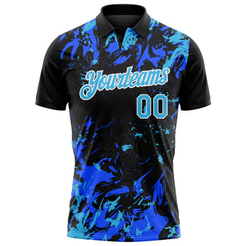 Custom Black Sky Blue Royal-White Dynamic Splatter Brush Stroke Performance Polo Shirt