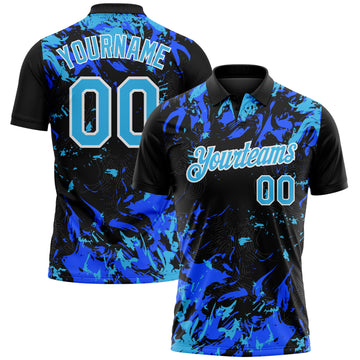 Custom Black Sky Blue Royal-White Dynamic Splatter Brush Stroke Performance Polo Shirt