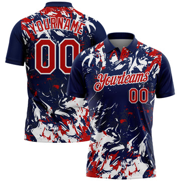 Custom Navy Red-White Dynamic Splatter Brush Stroke Performance Polo Shirt