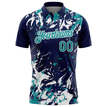 Custom Navy Teal-White Dynamic Splatter Brush Stroke Performance Polo Shirt