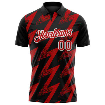 Custom Black Red-White Geometric Zigzag Shape Lightning Performance Polo Shirt