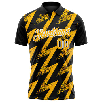 Custom Black Gold-White Geometric Zigzag Shape Lightning Performance Polo Shirt