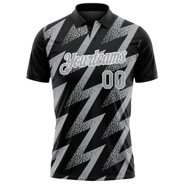 Custom Black Gray-White Geometric Zigzag Shape Lightning Performance Polo Shirt