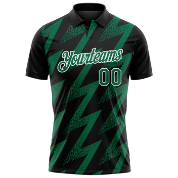 Custom Black Kelly Green-White Geometric Zigzag Shape Lightning Performance Polo Shirt