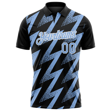 Custom Black Light Blue-White Geometric Zigzag Shape Lightning Performance Polo Shirt