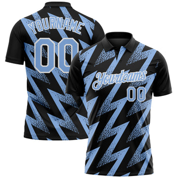Custom Black Light Blue-White Geometric Zigzag Shape Lightning Performance Polo Shirt