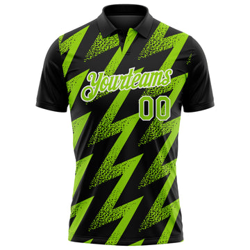 Custom Black Neon Green-White Geometric Zigzag Shape Lightning Performance Polo Shirt