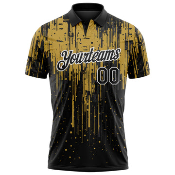 Custom Black Old Gold-White Dripping Splatter Paint Performance Polo Shirt