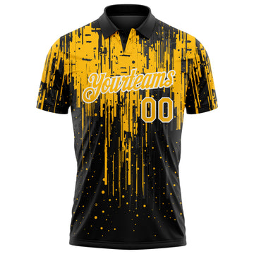Custom Black Gold-White Dripping Splatter Paint Performance Polo Shirt