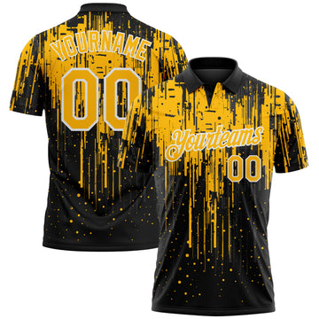 Custom Black Gold-White Dripping Splatter Paint Performance Polo Shirt