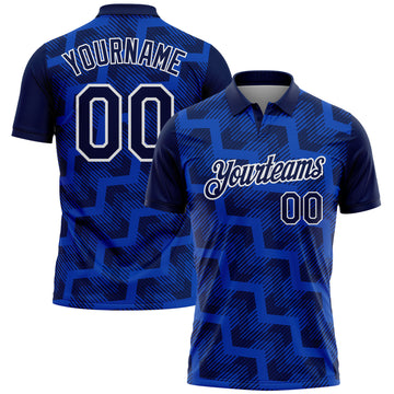 Custom Navy Thunder Blue-White Geometric Block Diagonal Line Hatching Performance Polo Shirt