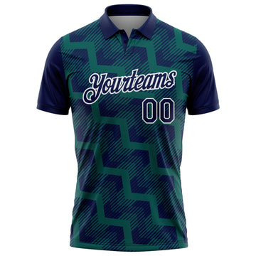 Custom Navy Midnight Green-White Geometric Block Diagonal Line Hatching Performance Polo Shirt