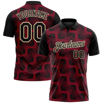 Custom Black Crimson-Cream Geometric Block Diagonal Line Hatching Performance Polo Shirt