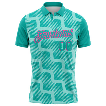 Custom Aqua Ice Blue-Pink Geometric Block Diagonal Line Hatching Performance Polo Shirt