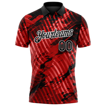 Custom Black Red-White Abstract Grunge Splatter Diagonal Stripe Performance Polo Shirt