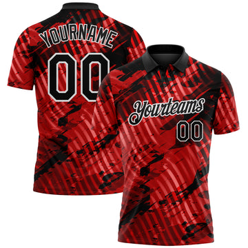 Custom Black Red-White Abstract Grunge Splatter Diagonal Stripe Performance Polo Shirt
