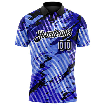 Custom Black Light Blue-White Abstract Grunge Splatter Diagonal Stripe Performance Polo Shirt