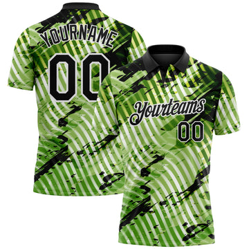 Custom Black Neon Green-White Abstract Grunge Splatter Diagonal Stripe Performance Polo Shirt