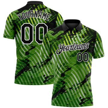Custom Black Neon Green-White Abstract Grunge Splatter Diagonal Stripe Performance Polo Shirt