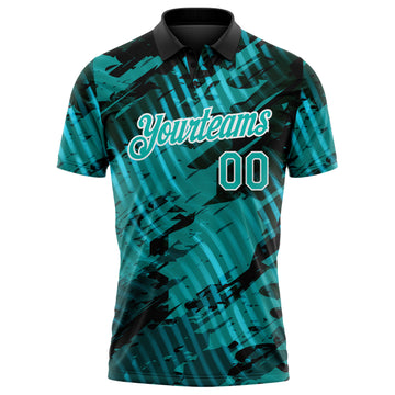 Custom Black Aqua-White Abstract Grunge Splatter Diagonal Stripe Performance Polo Shirt