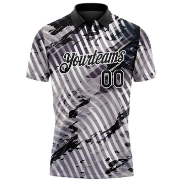 Custom Black Gray-White Abstract Grunge Splatter Diagonal Stripe Performance Polo Shirt