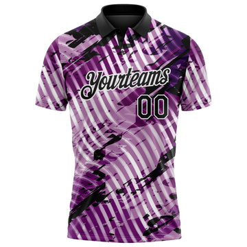 Custom Black Light Purple-White Abstract Grunge Splatter Diagonal Stripe Performance Polo Shirt
